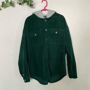 Green Hooded Button Down Corduroy Jacket